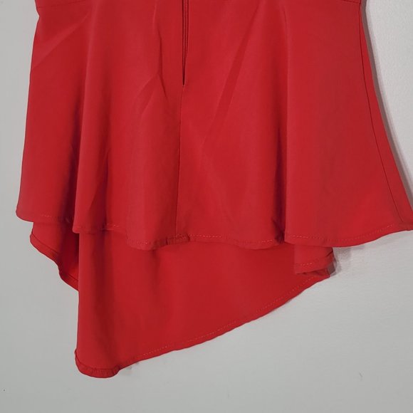 New Town Women Orange Coral Sleeveless Back Zipper Asymmetric Faux Wrap Tank Top - Picture 6 of 9